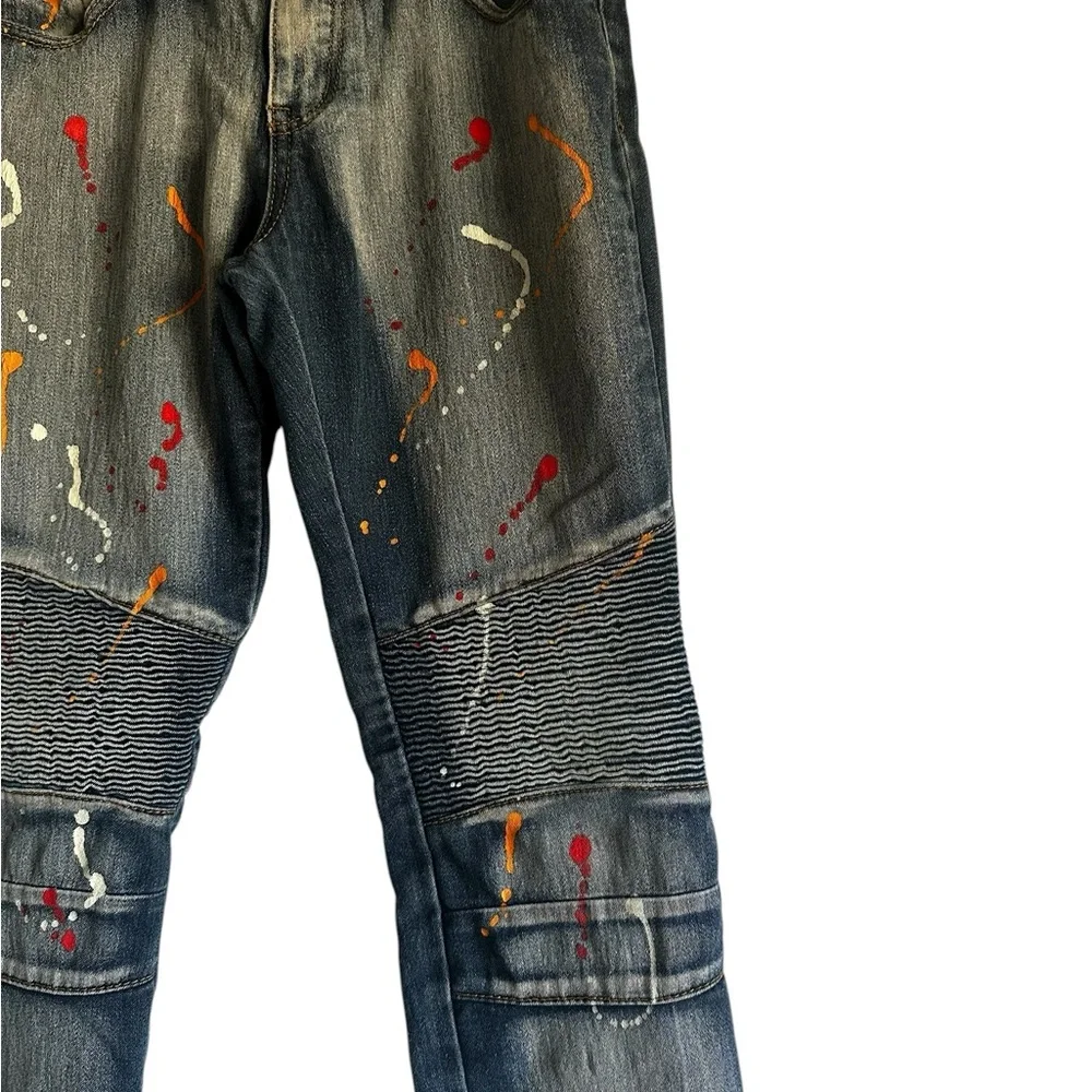 Thrill Blue Denim Skinny Jeans with Artistic Splatter,Streetwear, Biker,Edgy